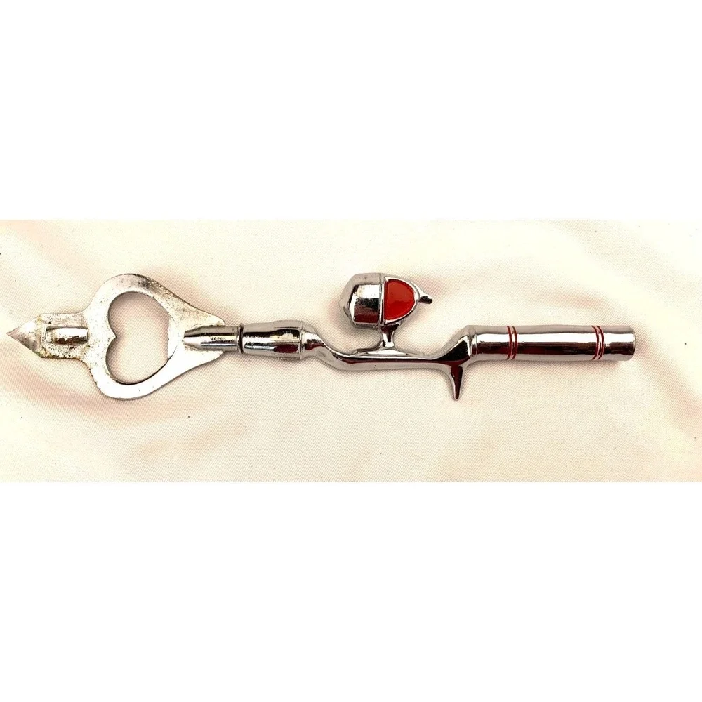 Vintage Fishing Rod &‎ Reel Bottle Opener Metal Chrome Red Accents 7